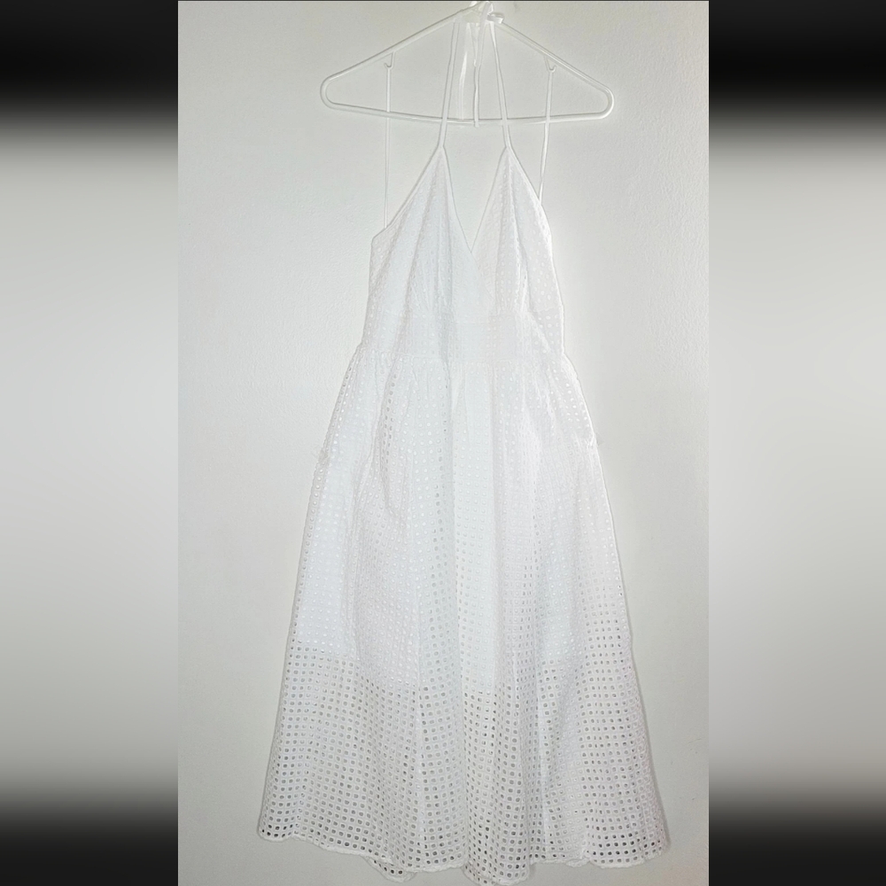 Steve Madden Denise Dress Eyelet Midi Women's White Large Tie Back Halter Neck